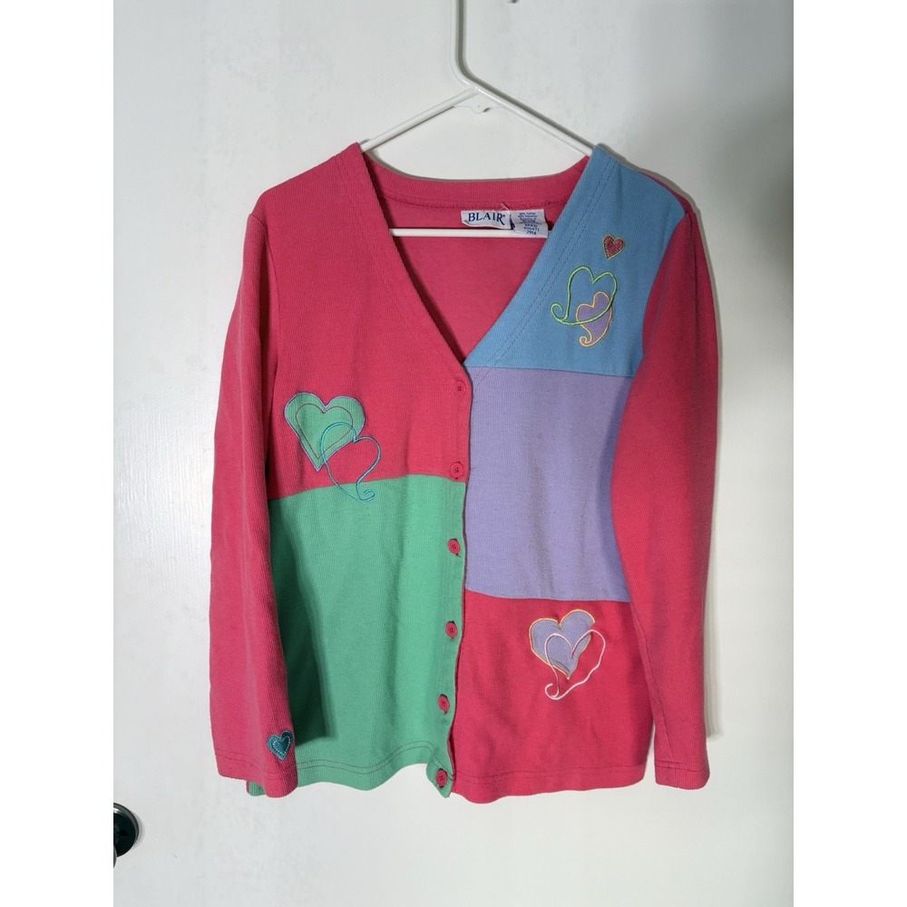 Blair Vintage Colorblock Embroidered Heart Cardigan M Grandmacore Cottag 90s Y2K